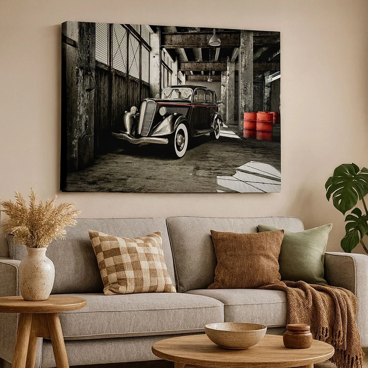 Bild auf Leinwand - Leinwandbild - Stilvolles Retro-Auto in einem Rohlager - 70x50cm - Die ewige Eleganz der 1930er Jahre - Moderne Wanddekoration für Wohnzimmer und Schlafzimmer ARTTOR