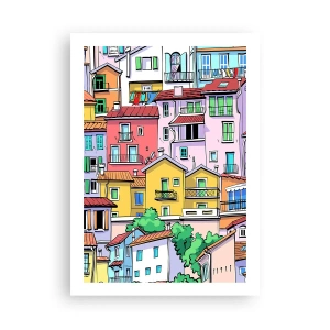 Poster - Bunte Mietshäuser im illustrativen Stil - 50x70cm - Lustige Stadt - Moderne Wanddekoration für Wohnzimmer und Schlafzimmer ARTTOR