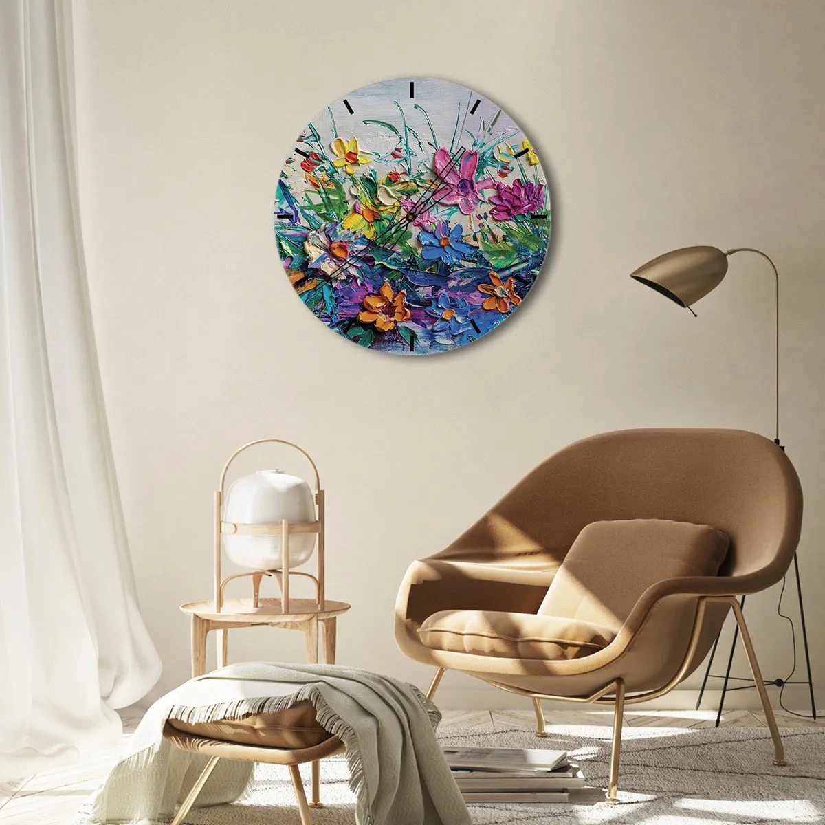 Wanduhr - Glasuhr - Eine farbenfrohe Blumenlandschaft in Impasto-Technik - 30x30cm - Überhaupt kein Stillleben - Moderne Wanddekoration für Wohnzimmer, Küche und Schlafzimmer ARTTOR