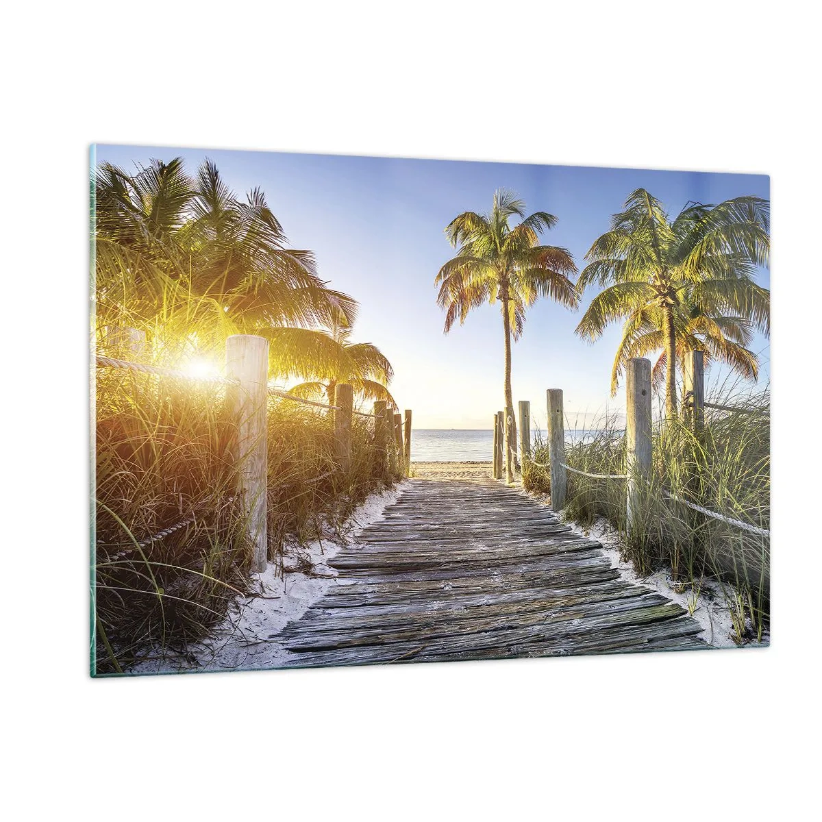 Glasbild - Bild auf glas - Holzweg am Strand, umgeben von Palmen - 120x80cm - Direkt ins Paradies - Moderne Wanddekoration für Wohnzimmer und Schlafzimmer ARTTOR