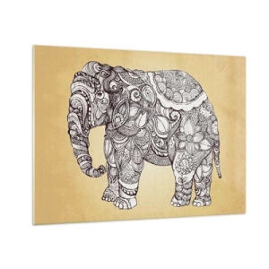 Glasbild - Bild auf glas - Schwarz-weißer Elefant mit orientalischen Mustern auf beigem Hintergrund - 70x50cm - Elefant verhüllte sich - Moderne Wanddekoration für Wohnzimmer und Schlafzimmer ARTTOR