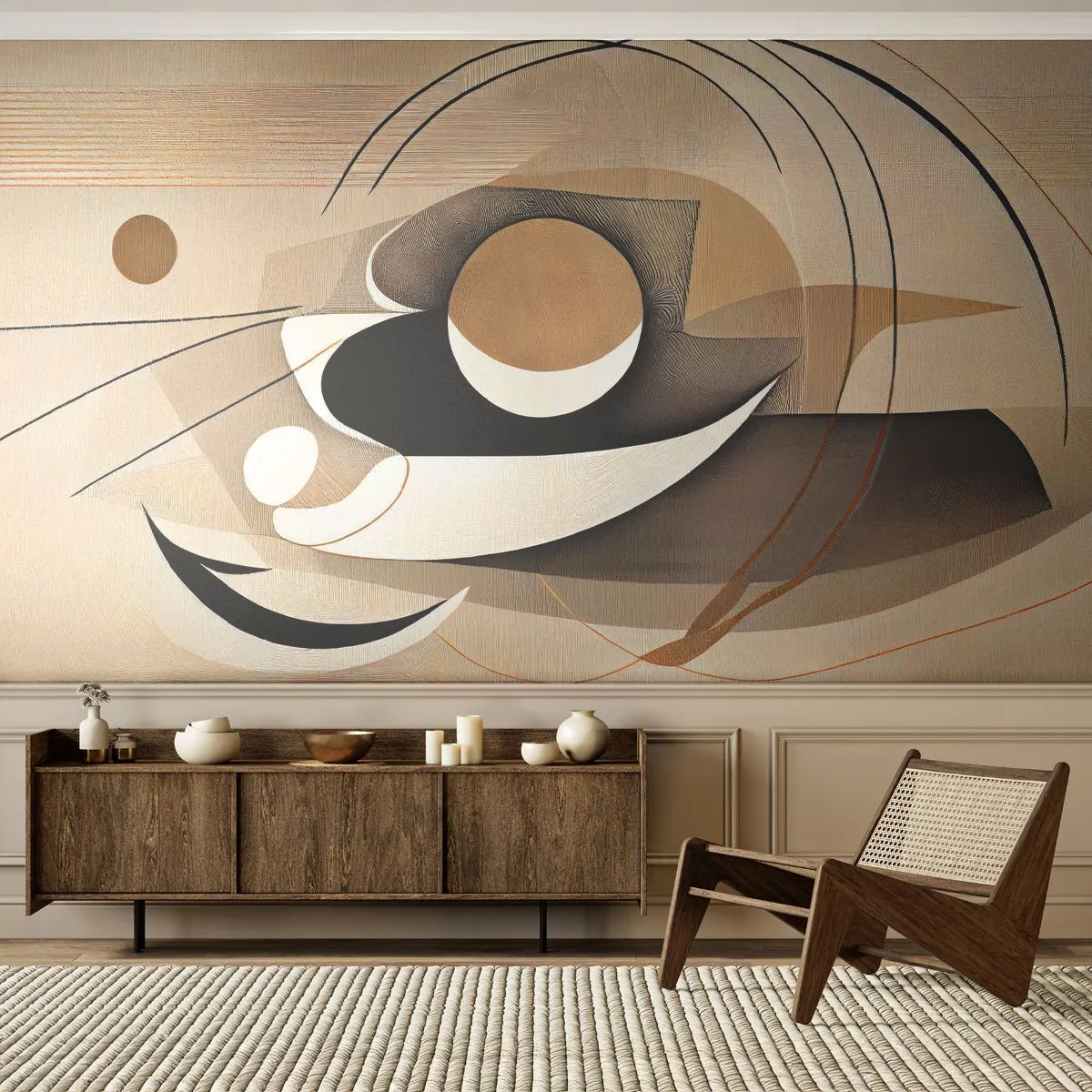 Fototapete Premium Sand - Beige Abstraktion mit geometrischen Formen und zarten Linien - 100x70cm - Komposition: die Essenz des Wortes - Moderne Wanddekoration für Wohnzimmer und Schlafzimmer ARTTOR