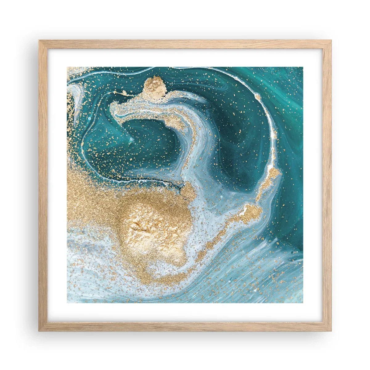 Poster in einem Rahmen aus heller Eiche - Ein Strudel aus Gold und Türkis - 50x50 cm
