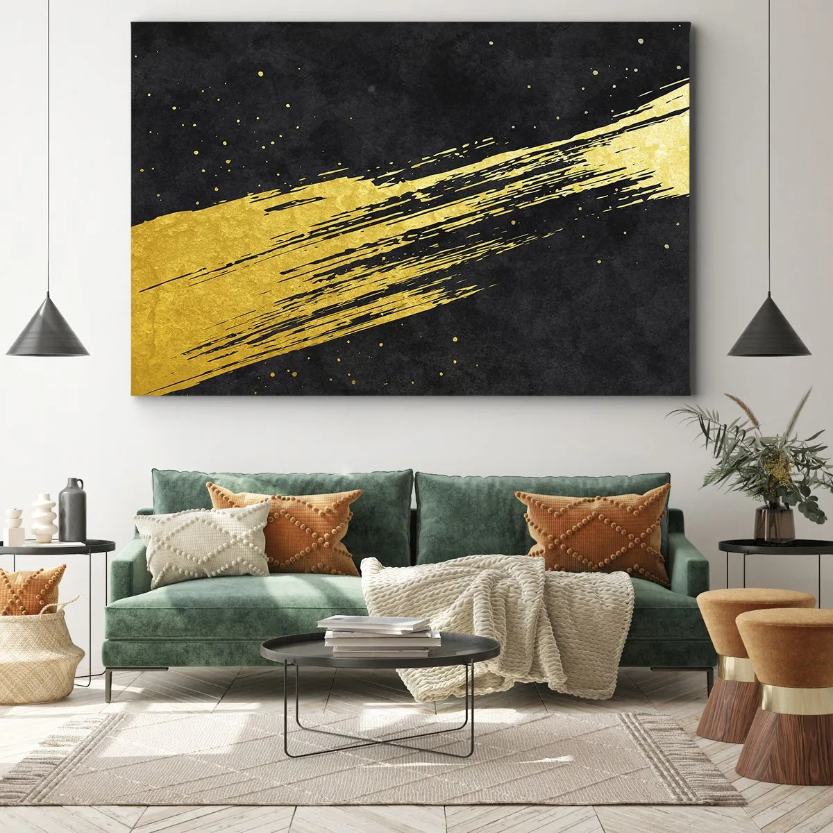 Bild auf Leinwand - Leinwandbild - Schwarzer Hintergrund mit dynamischen goldenen Pinselstrichen - 120x80cm - Sprung in den Hyperraum - Moderne Wanddekoration für Wohnzimmer und Schlafzimmer ARTTOR