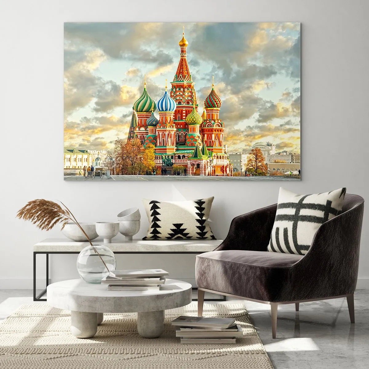 Glasbild - Bild auf glas - Basilius-Kathedrale in Moskau vor bewölktem Himmel - 70x50cm - Selbst Disney würde nicht darauf kommen - Moderne Wanddekoration für Wohnzimmer und Schlafzimmer ARTTOR