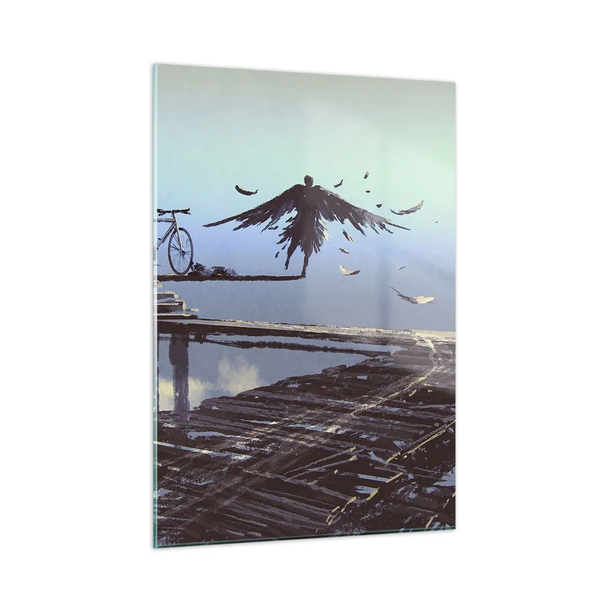 Glasbild - Bild auf glas - Eine Figur mit einem Fahrrad auf einer Holzbrücke über den Wolken - 50x70cm - Ikarus lebt für immer - Moderne Wanddekoration für Wohnzimmer und Schlafzimmer ARTTOR