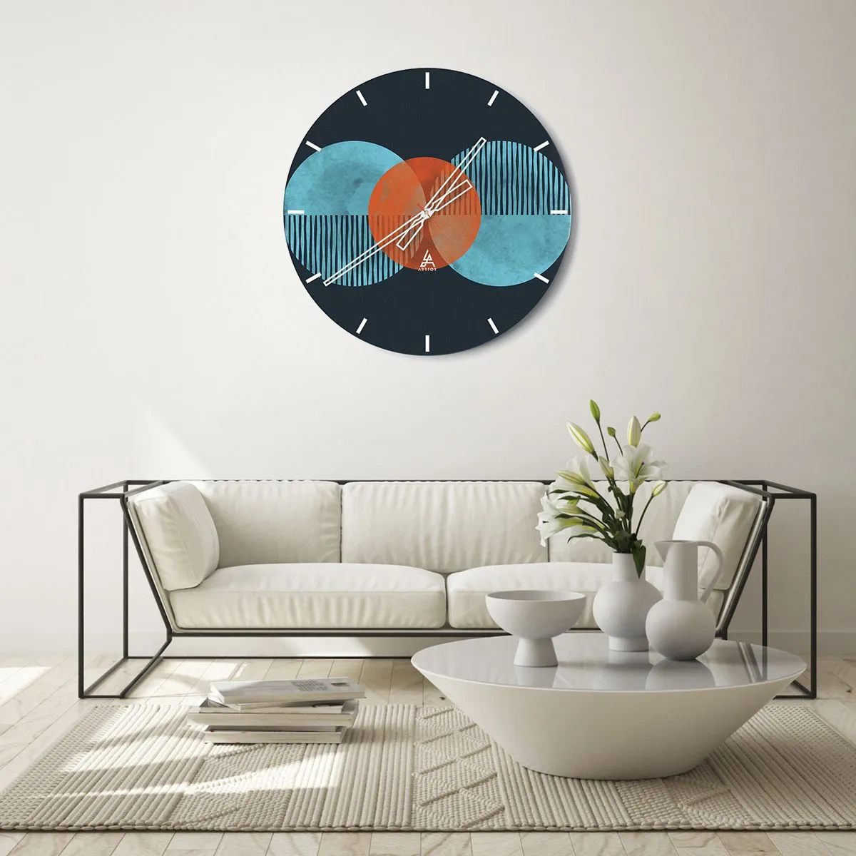 Wanduhr - Glasuhr - Eine abstrakte Komposition aus Kreisen und Linien in Blau- und Orangetönen. - 30x30cm - Symmetrische Komposition - Moderne Wanddekoration für Wohnzimmer, Küche und Schlafzimmer ARTTOR