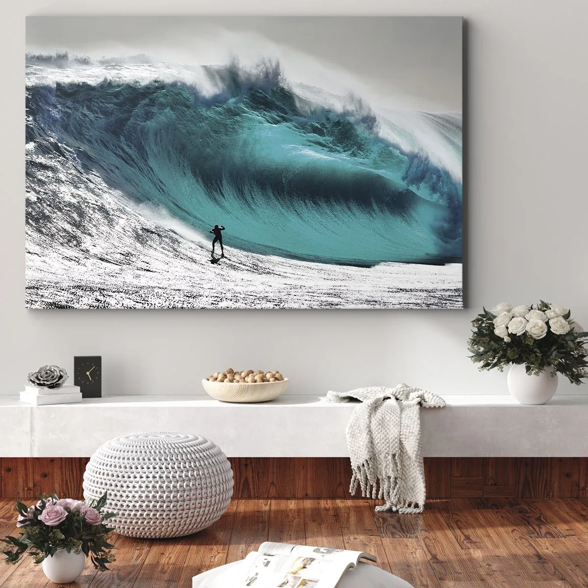 Bild auf Leinwand - Leinwandbild - Surfer vor einer riesigen Welle - 120x80cm - Herausforderung angenommen - Moderne Wanddekoration für Wohnzimmer und Schlafzimmer ARTTOR