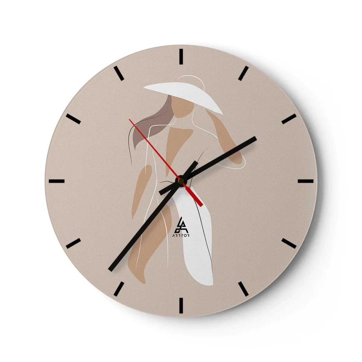 Wanduhr - Glasuhr - Stilvolle Frau mit Hut auf beigem Hintergrund - 30x30cm - Mode macht Spaß - Moderne Wanddekoration für Wohnzimmer, Küche und Schlafzimmer ARTTOR