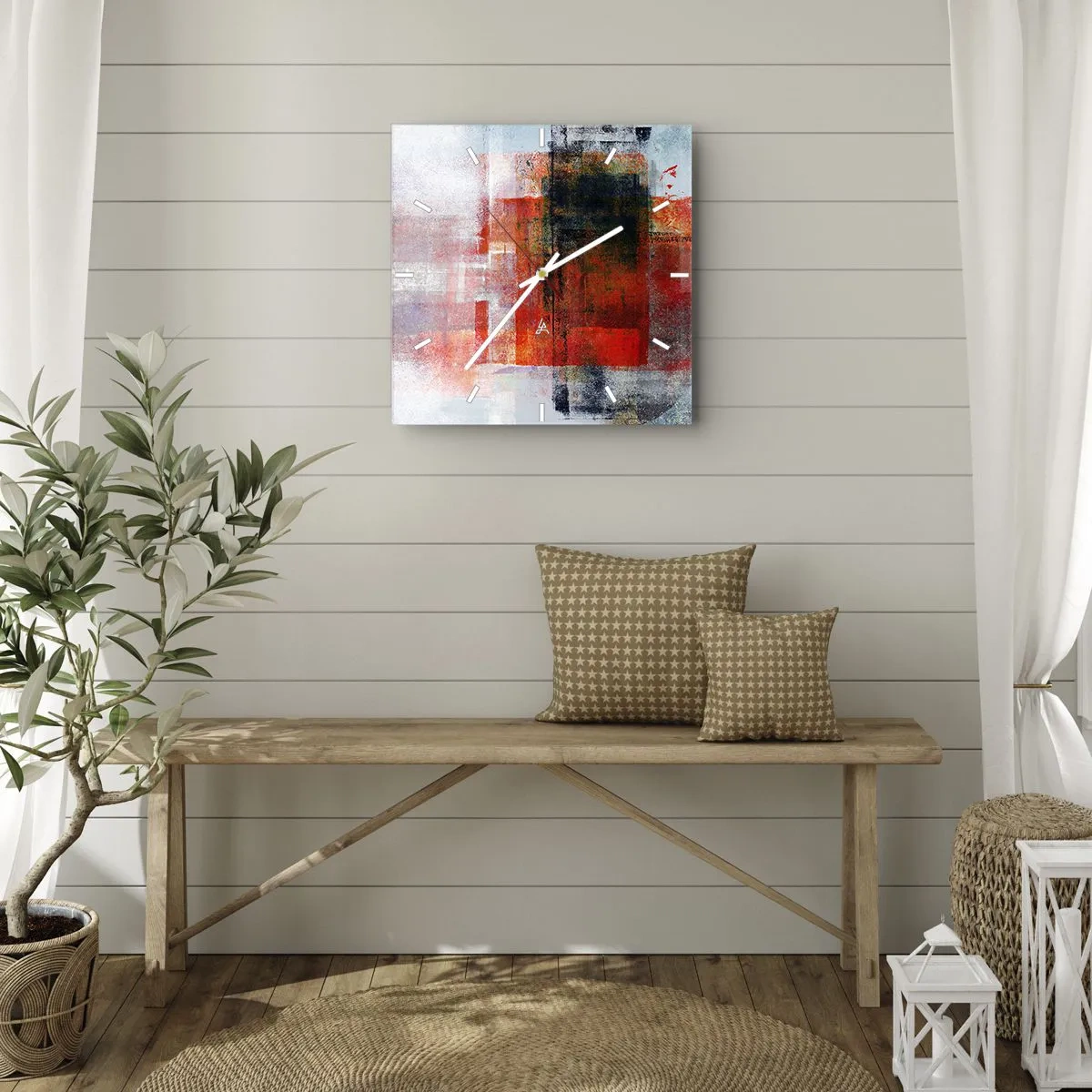 Wanduhr - Glasuhr - Abstrakte geometrische Komposition mit roten und orangefarbenen Akzenten - 30x30cm - Komposition leuchtet - Moderne Wanddekoration für Wohnzimmer und Schlafzimmer ARTTOR