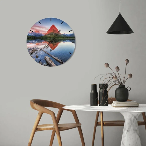 Wanduhr - Glasuhr - Berglandschaft mit Spiegelung im See - 30x30cm - Hitze und Kälte - Moderne Wanddekoration für Wohnzimmer, Küche und Schlafzimmer ARTTOR