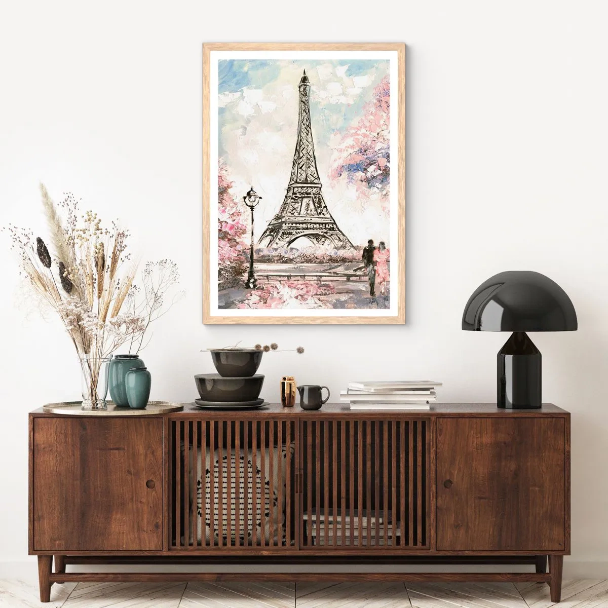Poster in einem Rahmen aus heller Eiche - Aprilspaziergang durch Paris - 61x91 cm
