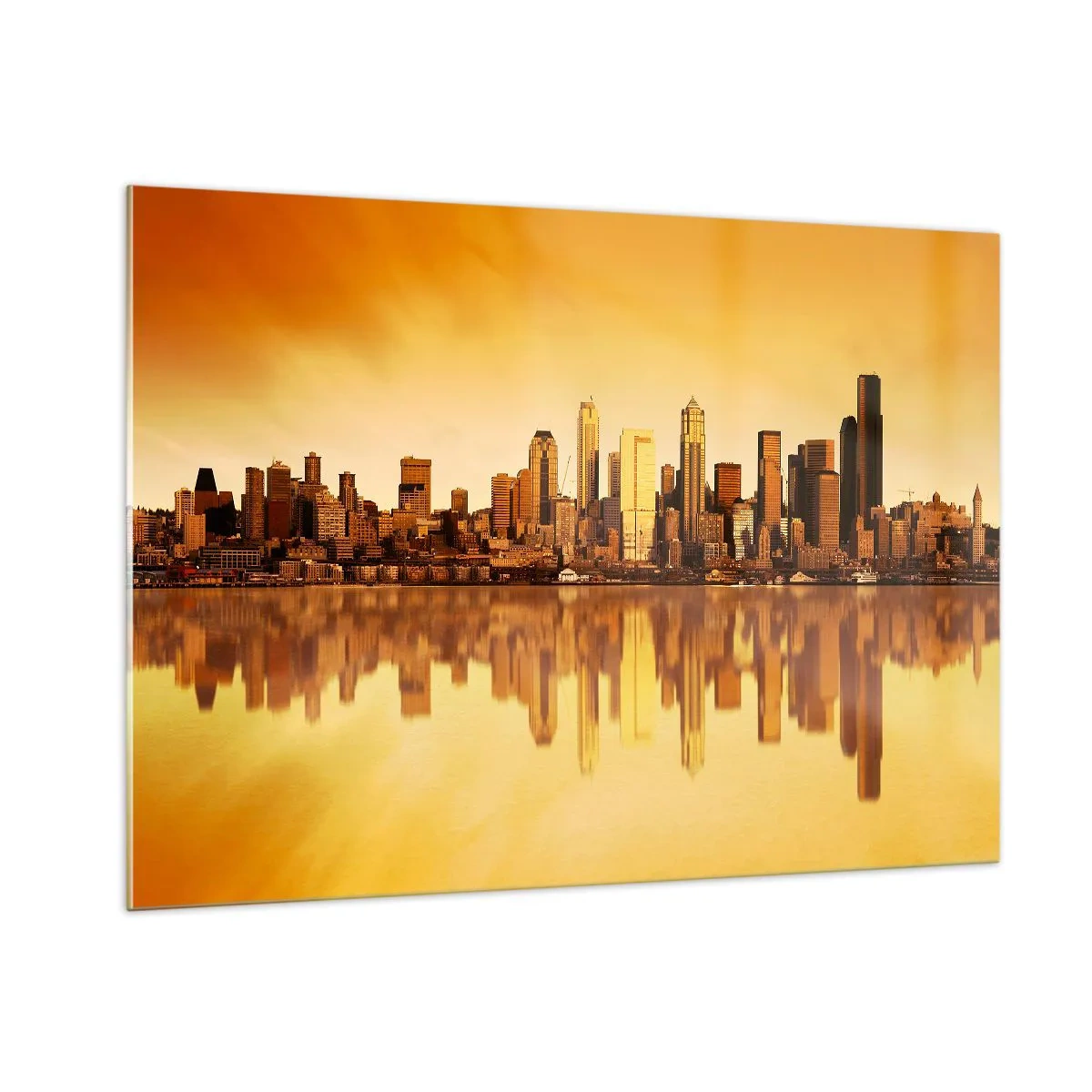 Glasbild - Bild auf glas - Panorama der Stadt im goldenen Licht des Sonnenuntergangs - 100x70cm - Die Stille der Metropole - Moderne Wanddekoration für Wohnzimmer und Schlafzimmer ARTTOR