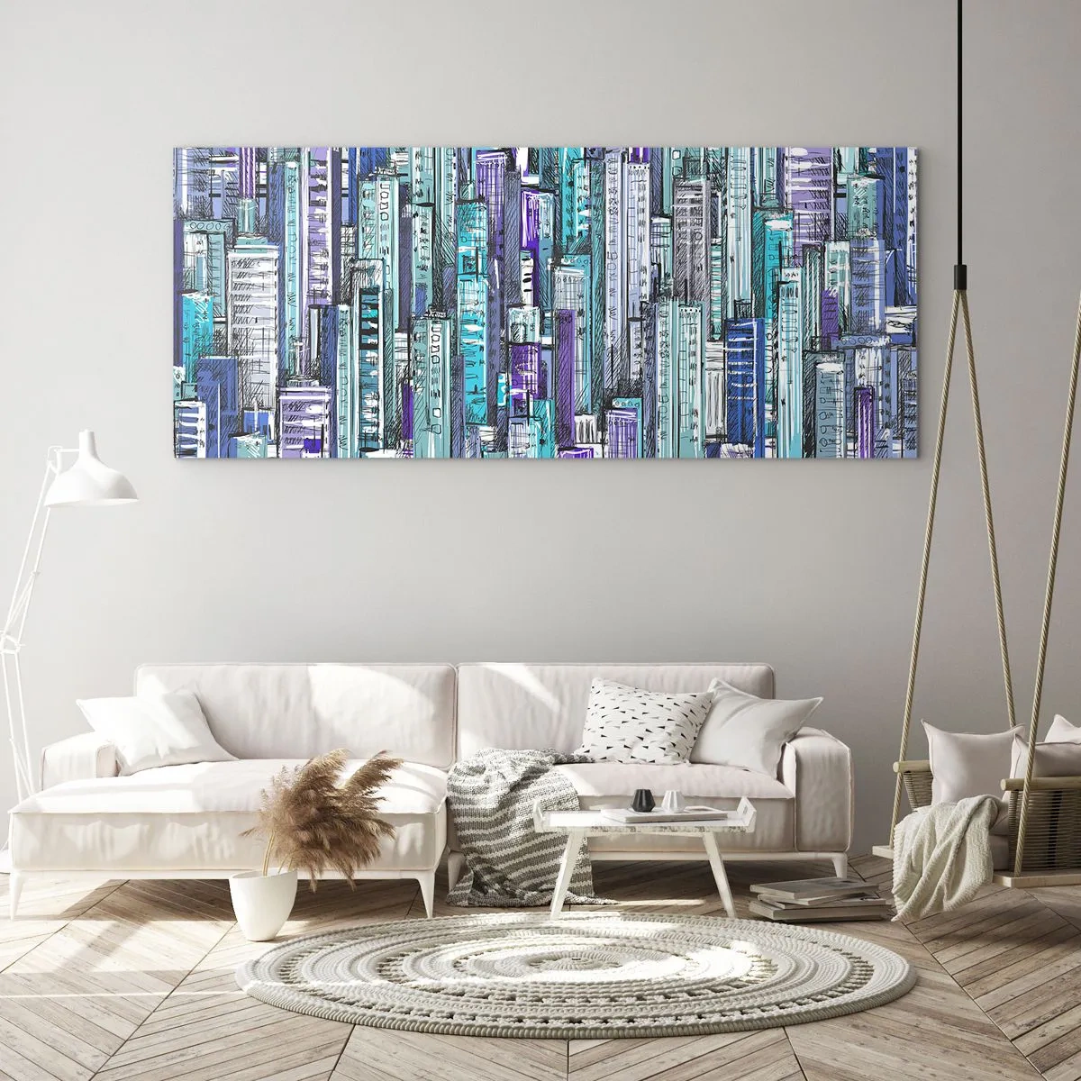 Glasbild - Bild auf glas - Illustration einer Stadt mit geometrischen Gebäuden in Blau- und Lilatönen. - 120x50cm - Bläulich von dem Himmel - Moderne Wanddekoration für Wohnzimmer und Schlafzimmer ARTTOR