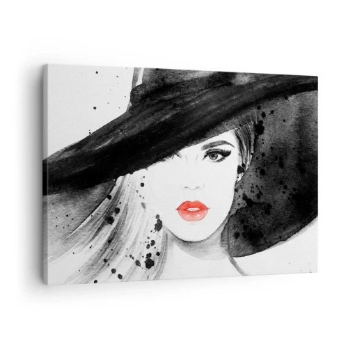 Bild auf Leinwand - Leinwandbild - Porträt einer Frau mit Hut und roten Lippen - 70x50cm - Frau in schwarz - Moderne Wanddekoration für Wohnzimmer und Schlafzimmer ARTTOR