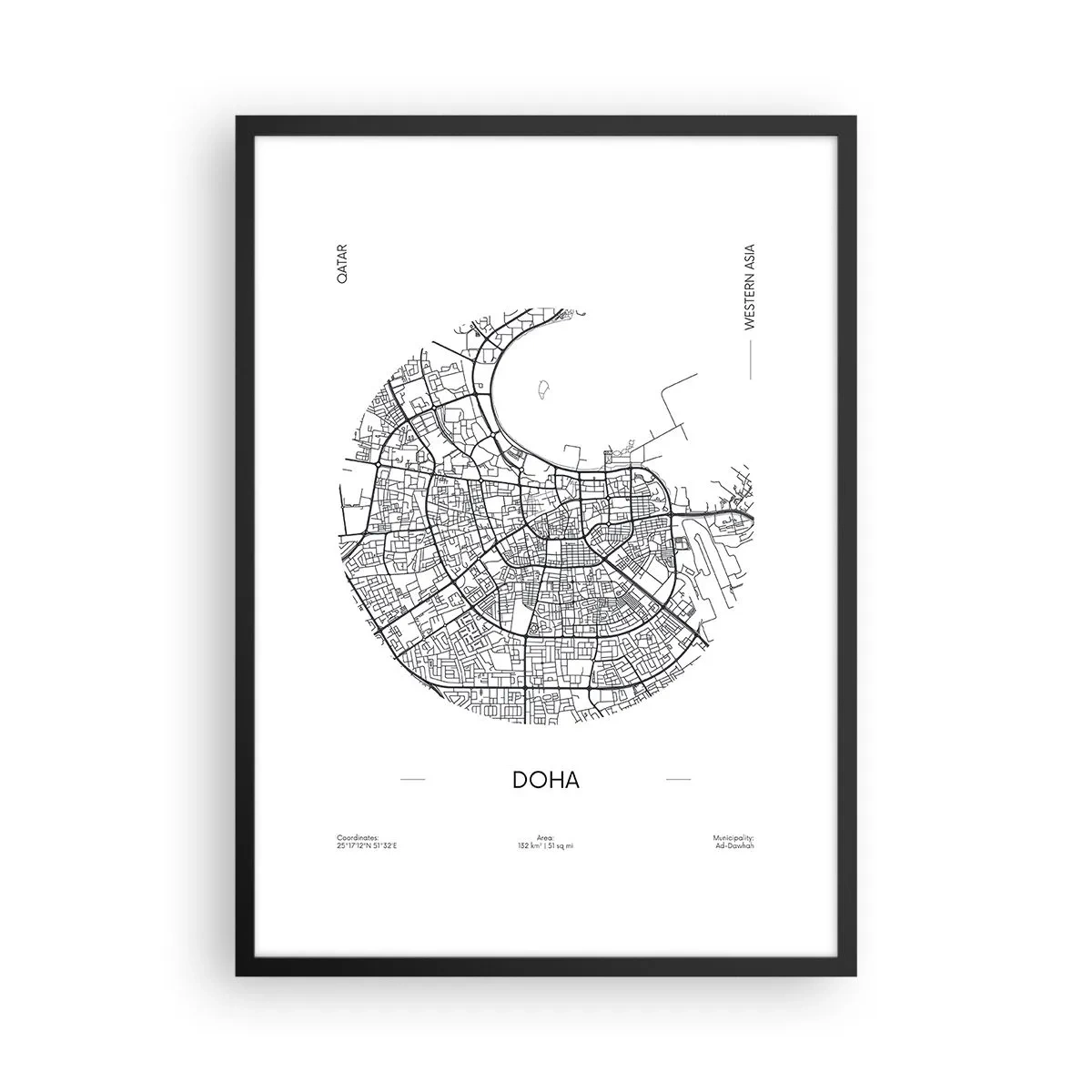 Poster in einem schwarzem Rahmen - Eine minimalistische Schwarz-Weiß-Karte von Doha - 50x70cm - Anatomie von Doha - Moderne Wanddekoration für Wohnzimmer und Schlafzimmer ARTTOR