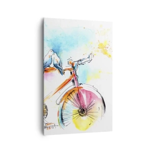Bild auf Leinwand - Leinwandbild - Buntes Aquarell eines Fahrrads mit darauf sitzenden Vögeln - 80x120cm - Fahrrad für zwei - Moderne Wanddekoration für Wohnzimmer und Schlafzimmer ARTTOR