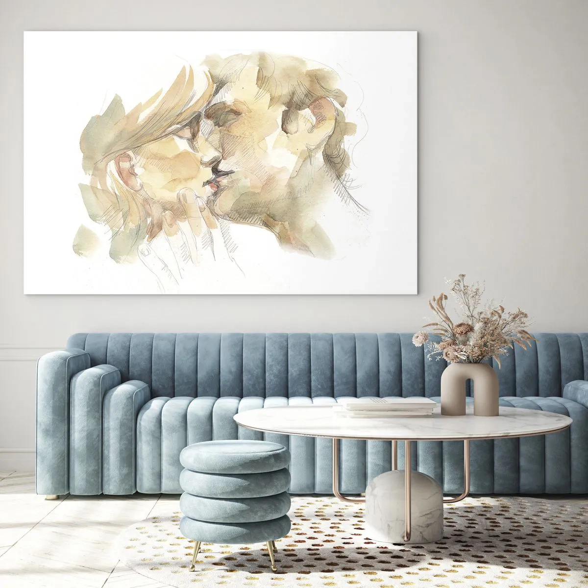 Glasbild - Bild auf glas - Romantisches Aquarell eines Liebeskusses - 100x70cm - Hälfte gefunden? - Moderne Wanddekoration für Wohnzimmer und Schlafzimmer ARTTOR