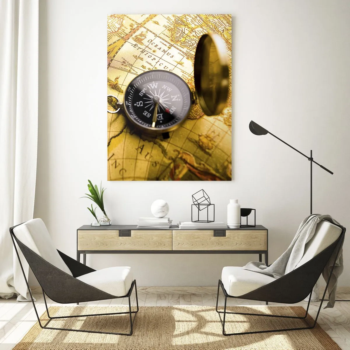 Glasbild - Bild auf glas - Ein antiker Kompass vor dem Hintergrund einer alten Weltkarte - 70x100cm - Oder vielleicht bis ans Ende der Welt? - Moderne Wanddekoration für Wohnzimmer und Schlafzimmer ARTTOR