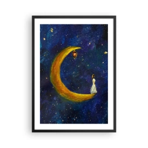 Poster in einem schwarzem Rahmen - Eine Figur auf einem goldenen Mond vor einem Nachthimmel mit Sternen - 50x70cm - Der Ruf der Welt - Moderne Wanddekoration für Wohnzimmer und Schlafzimmer ARTTOR