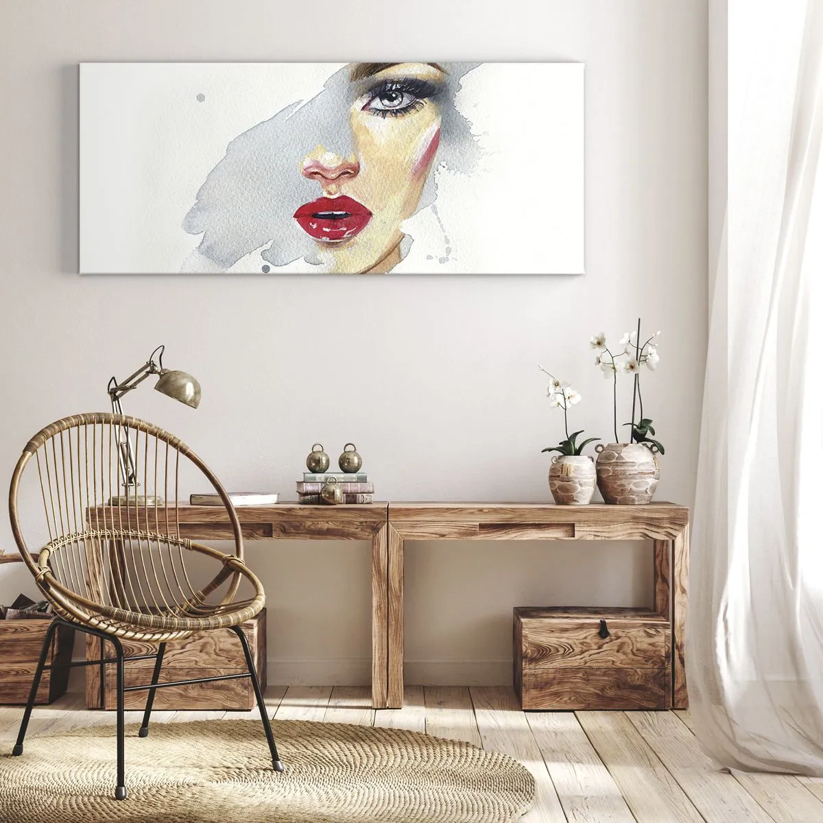 Bild auf Leinwand - Leinwandbild - Ein Aquarellporträt einer Frau mit intensivem Blick. - 160x50cm - Abspiegeln in einem Wassertropfen - Moderne Wanddekoration für Wohnzimmer und Schlafzimmer ARTTOR