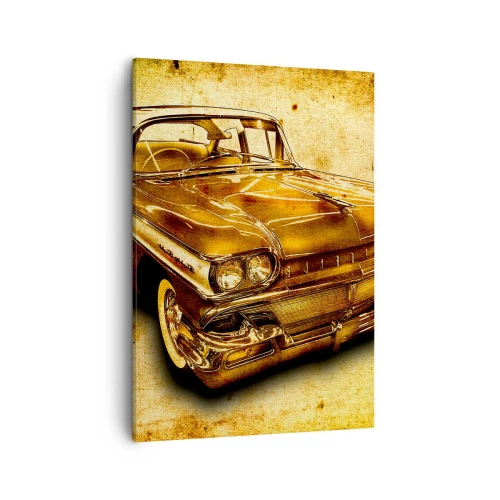 Bild auf Leinwand - Leinwandbild - Ein goldenes klassisches Retro-Auto auf einem Vintage-Hintergrund mit gealtertem Effekt. - 50x70cm - Die unvergängliche Schönheit der Klassiker - Moderne Wanddekoration für Wohnzimmer und Schlafzimmer ARTTOR
