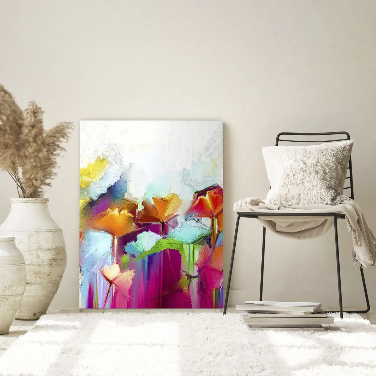 Glasbild - Bild auf glas - Abstrakte Blumen in intensiven Regenbogenfarben - 50x70cm - Der Regenbogen ist aufgeblüht - Moderne Wanddekoration für Wohnzimmer und Schlafzimmer ARTTOR