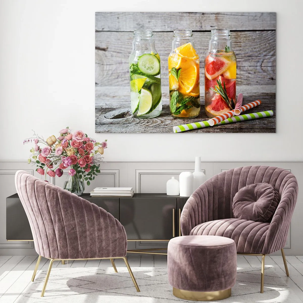 Glasbild - Bild auf glas - Flaschen mit Fruchtwasser und Kräutern auf einem hölzernen Hintergrund - 70x50cm - Von Natur aus gesund - Moderne Wanddekoration für Wohnzimmer und Schlafzimmer ARTTOR