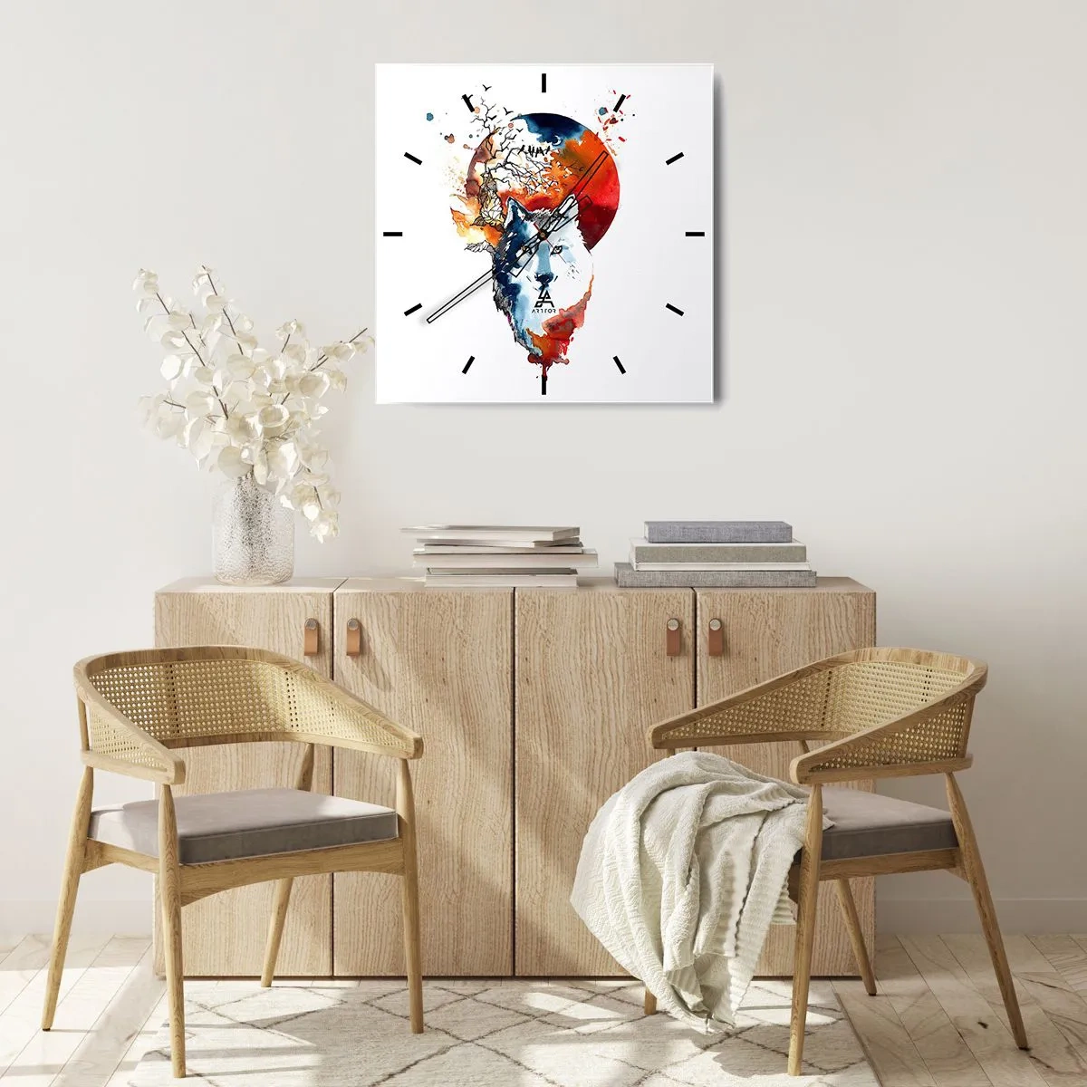 Wanduhr - Glasuhr - Abstraktes Aquarell eines Wolfes vor einem roten Mond - 30x30cm - Nase an Nase mit der Nacht - Moderne Wanddekoration für Wohnzimmer und Schlafzimmer ARTTOR