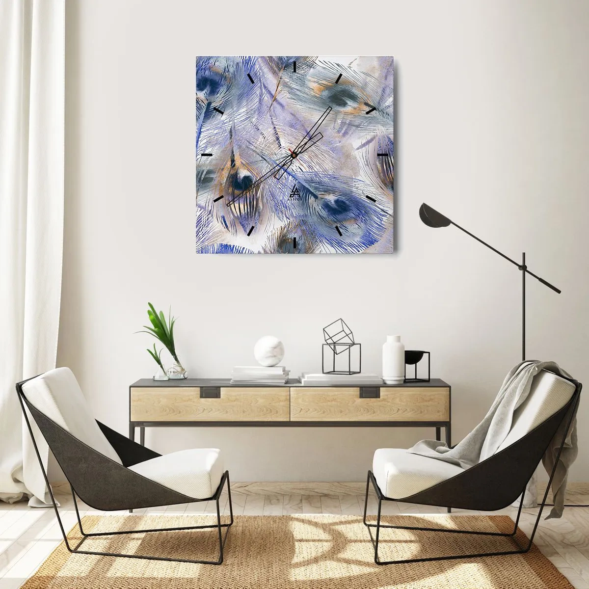 Wanduhr - Glasuhr - Ein Muster mit Pfauenfedern in Blau- und Goldtönen - 30x30cm - Pfau-Komposition - Moderne Wanddekoration für Wohnzimmer und Schlafzimmer ARTTOR