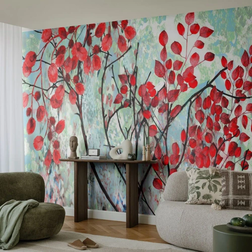 Fototapete Standard Eco - Abstrakte Zweige mit roten Blättern auf hellem Hintergrund - 100x70cm - Baum in Scharlachrot - Moderne Wanddekoration für Wohnzimmer und Schlafzimmer ARTTOR