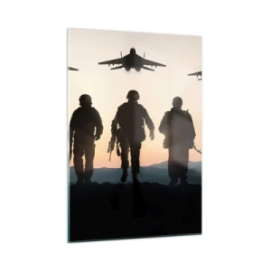 Glasbild - Bild auf glas - Soldaten vor der Kulisse der untergehenden Sonne und Jets - 50x70cm - Willkommen in unserer Welt - Moderne Wanddekoration für Wohnzimmer und Schlafzimmer ARTTOR