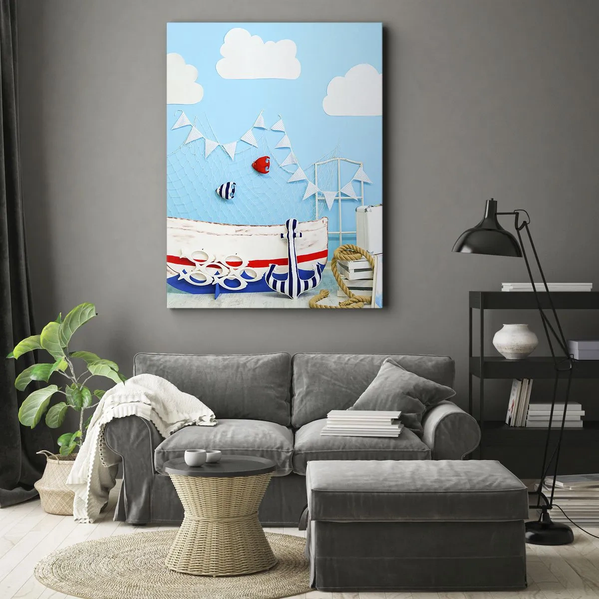 Bild auf Leinwand - Leinwandbild - Nautische Dekoration mit einem Boot und Zubehör auf blauem Hintergrund - 70x100cm - Die Sehnsucht eines Kindes nach Abenteuer - Moderne Wanddekoration für Wohnzimmer und Schlafzimmer ARTTOR