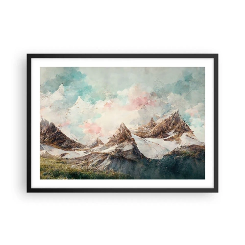 Poster in einem schwarzem Rahmen - Malerische Berge mit pastellfarbenem Himmel - 70x50cm - Felsklingen - Moderne Wanddekoration für Wohnzimmer und Schlafzimmer ARTTOR