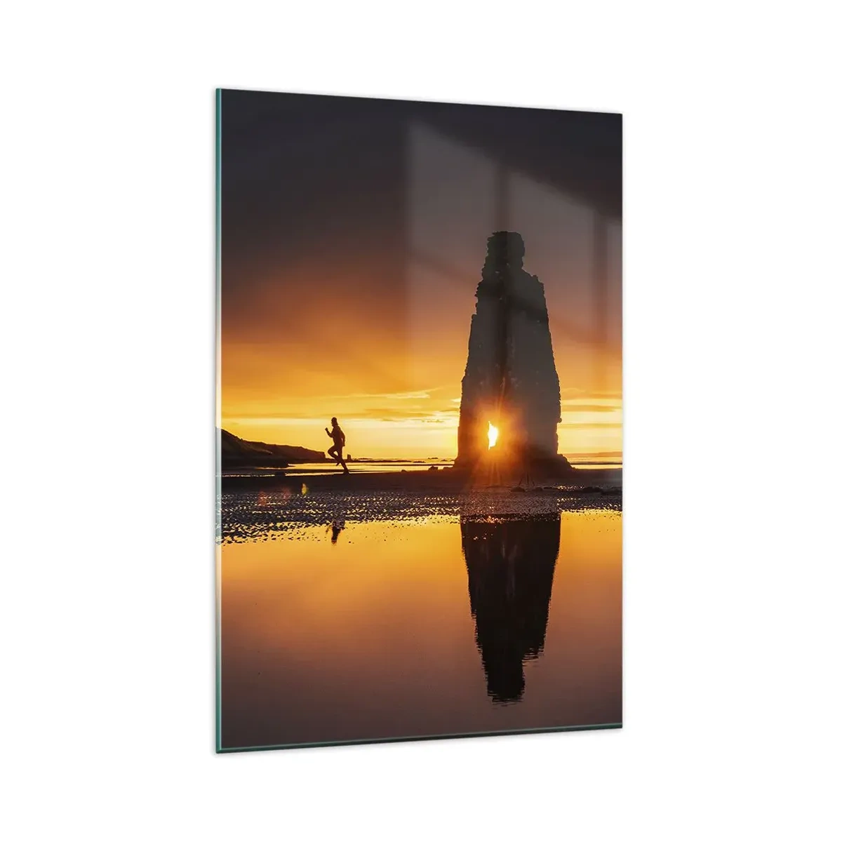 Glasbild - Bild auf glas - Person läuft bei Sonnenuntergang am Strand mit Felsformation - 80x120cm - Nur du und die Natur - Moderne Wanddekoration für Wohnzimmer und Schlafzimmer ARTTOR