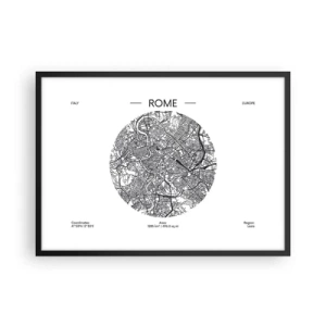 Poster in einem schwarzem Rahmen - Eine Karte von Rom im minimalistischen Schwarz-Weiß-Stil - 70x50cm - Anatomie von Rom - Moderne Wanddekoration für Wohnzimmer und Schlafzimmer ARTTOR