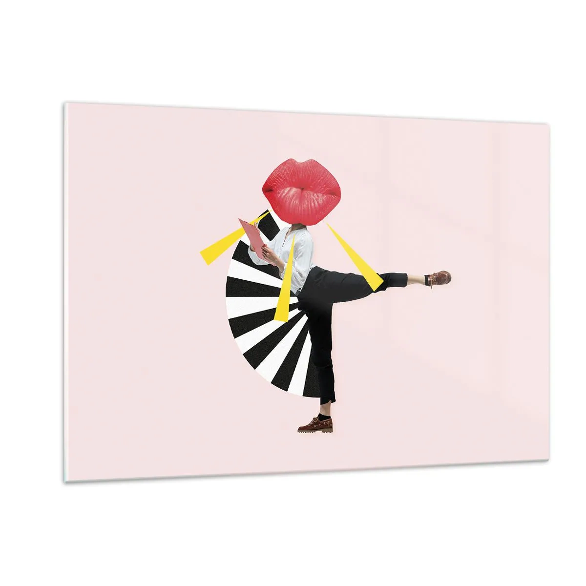 Glasbild - Bild auf glas - Eine surreale Pop-Art-Komposition mit einer Figur mit großem Mund vor einem rosa Hintergrund. - 120x80cm - Surreale Pop-Art - Moderne Wanddekoration für Wohnzimmer und Schlafzimmer ARTTOR