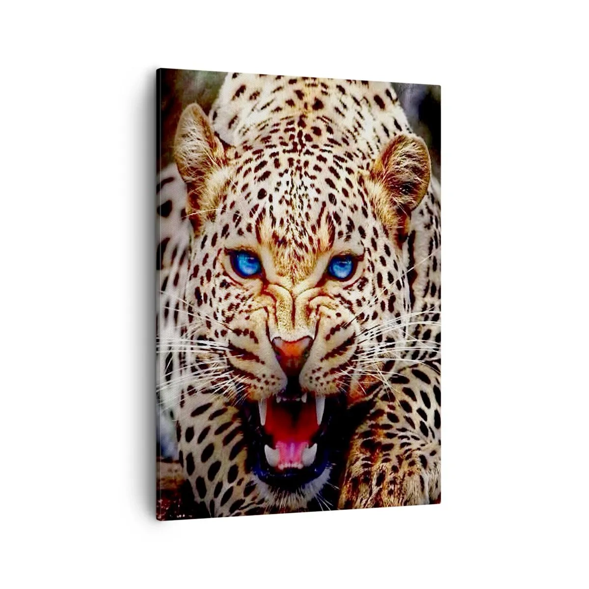 Bild auf Leinwand - Leinwandbild - Ein bedrohlicher Leopard mit intensiv blauen Augen - 50x70cm - Schönheitswut tut nicht weh - Moderne Wanddekoration für Wohnzimmer und Schlafzimmer ARTTOR