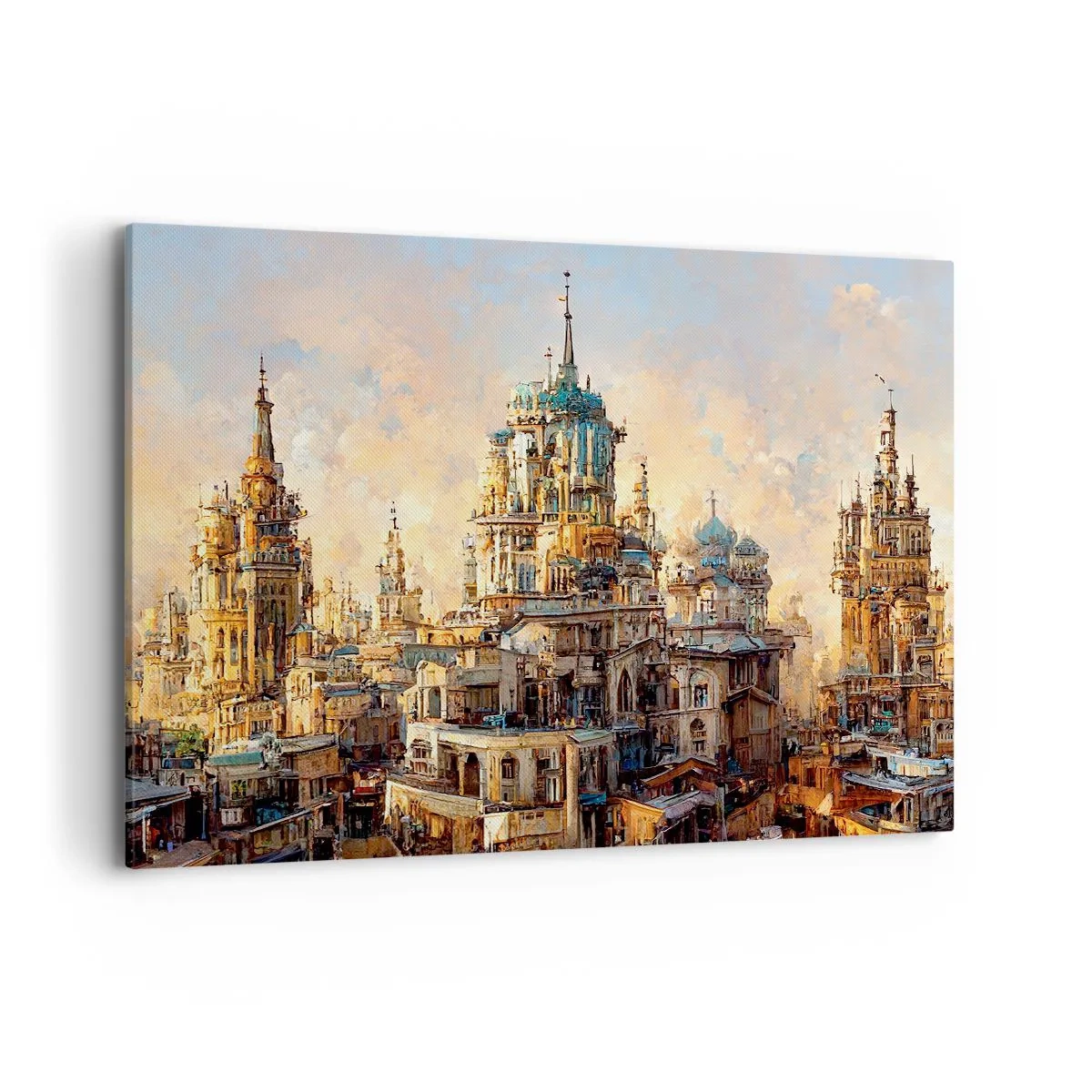 Bild auf Leinwand - Leinwandbild - Architektonische Türme in den Strahlen der untergehenden Sonne - 100x70cm - Stadt der Städte - Moderne Wanddekoration für Wohnzimmer und Schlafzimmer ARTTOR