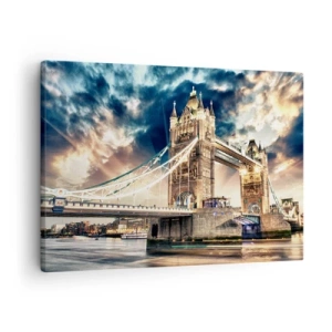 Bild auf Leinwand - Leinwandbild - Tower Bridge in der Abenddämmerung vor einem dynamischen Himmel - 70x50cm - Denkmal des viktorianischen Imperiums - Moderne Wanddekoration für Wohnzimmer und Schlafzimmer ARTTOR
