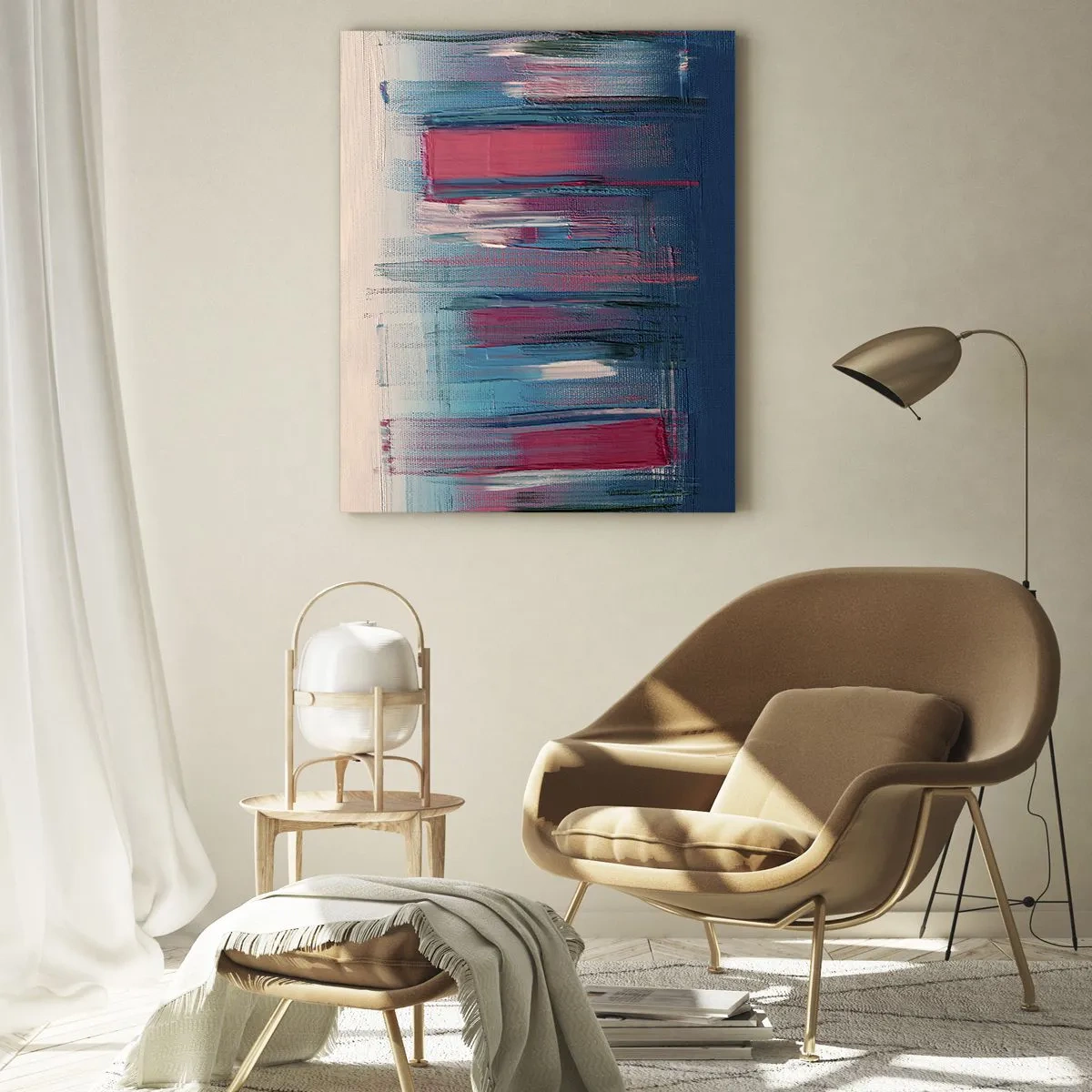 Glasbild - Bild auf glas - Vertikale Pinselstriche in Rot und Blau auf beigem Hintergrund - 50x70cm - Vertikale Komposition in Blau und Rot - Moderne Wanddekoration für Wohnzimmer und Schlafzimmer ARTTOR