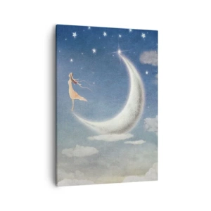 Bild auf Leinwand - Leinwandbild - Eine Frau im Mond, umgeben von Sternen und Wolken - 50x70cm - Blauer Freier - Moderne Wanddekoration für Wohnzimmer und Schlafzimmer ARTTOR
