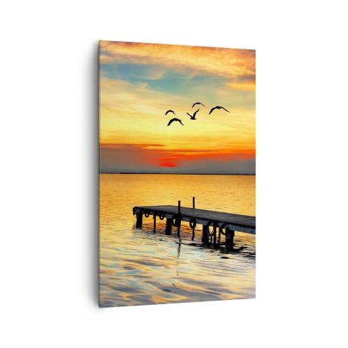 Bild auf Leinwand - Leinwandbild - Sonnenuntergang mit einem Segelboot und Pier auf einem ruhigen See - 80x120cm - Abendrückkehr - Moderne Wanddekoration für Wohnzimmer und Schlafzimmer ARTTOR