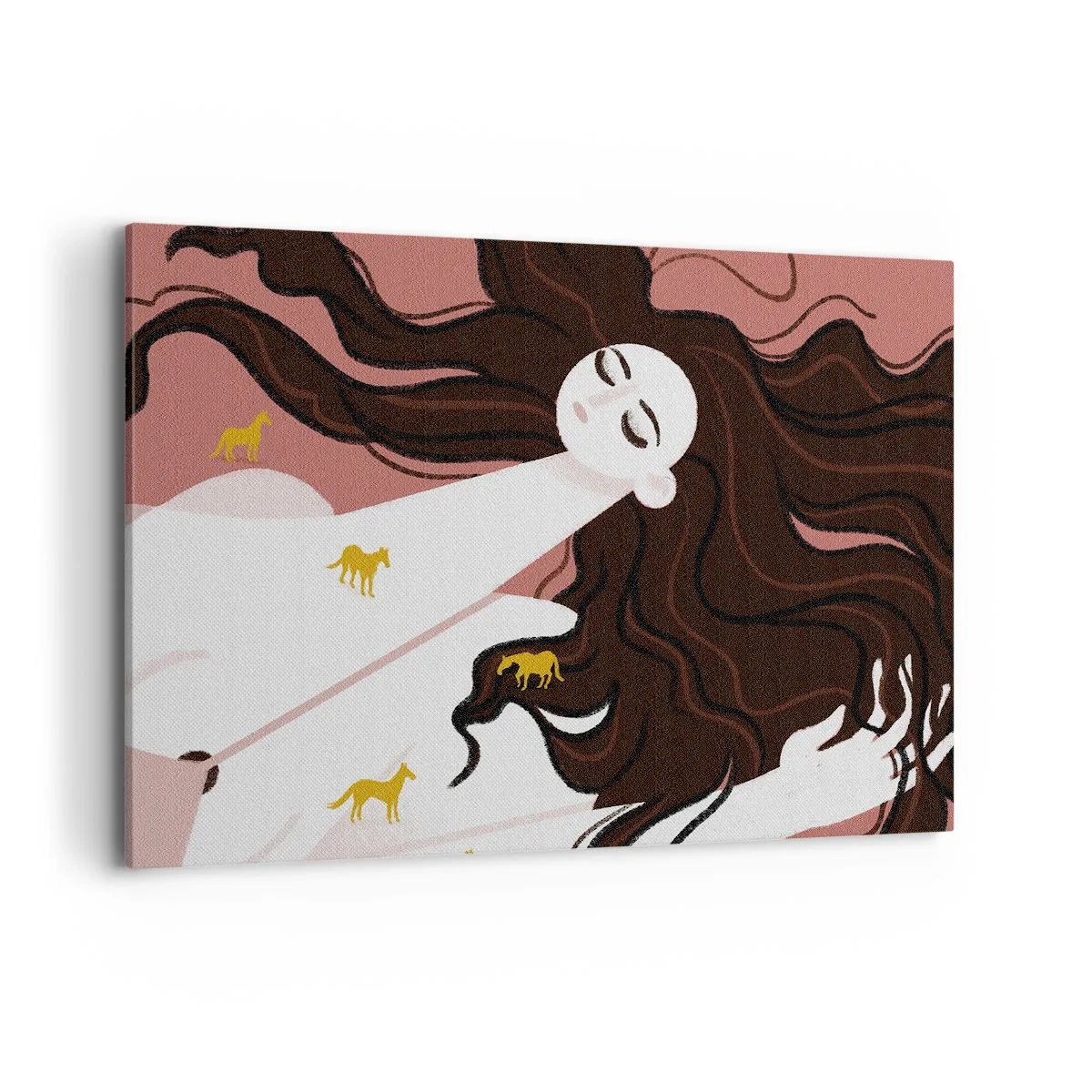 Bild auf Leinwand - Leinwandbild - Eine Figur mit geschlossenen Augen, umgeben von goldenen Pferden - 100x70cm - Traum von einem goldenen Pferd - Moderne Wanddekoration für Wohnzimmer und Schlafzimmer ARTTOR