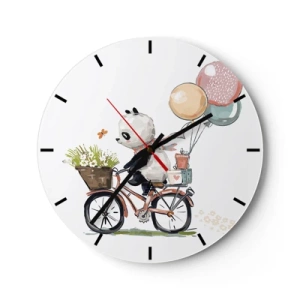 Wanduhr - Glasuhr - Panda auf einem Fahrrad mit Luftballons und einem Korb voller Blumen - 30x30cm - Glücklicher Tag - Moderne Wanddekoration für Wohnzimmer, Küche und Schlafzimmer ARTTOR
