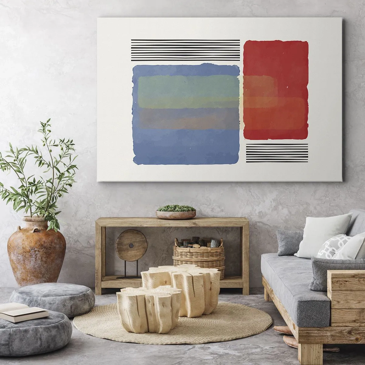Bild auf Leinwand - Leinwandbild - Geometrische Komposition mit farbigen Blöcken und Linien - 70x50cm - Der Geist und der Buchstabe der Geometrie - Moderne Wanddekoration für Wohnzimmer und Schlafzimmer ARTTOR