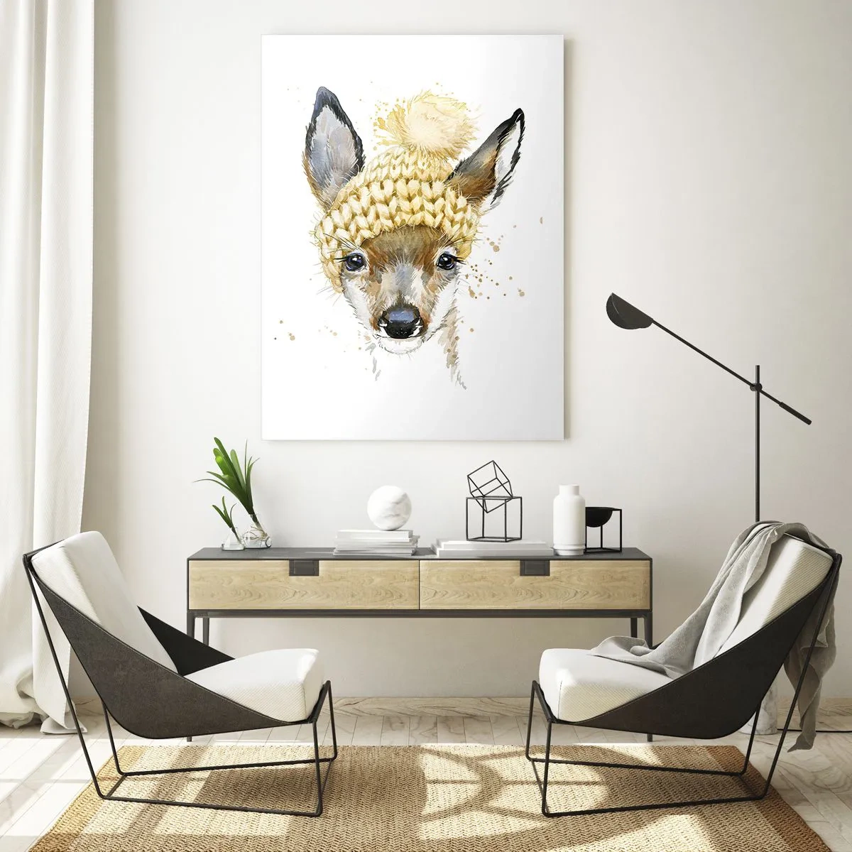 Glasbild - Bild auf glas - Ein Reh mit Wollmütze und Bommel - 50x70cm - Für den Winter im verschneiten Wald - Moderne Wanddekoration für Wohnzimmer und Schlafzimmer ARTTOR