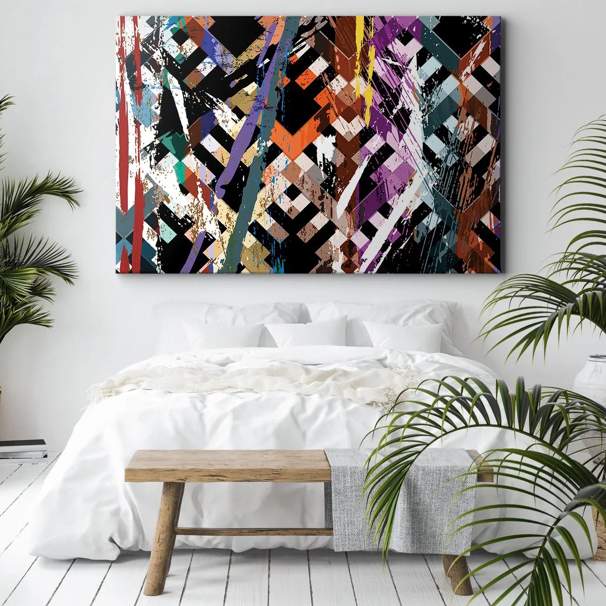 Bild auf Leinwand - Leinwandbild - Abstrakte Komposition mit farbigen Linien auf schwarzem Hintergrund - 100x70cm - Quadriert - Moderne Wanddekoration für Wohnzimmer und Schlafzimmer ARTTOR