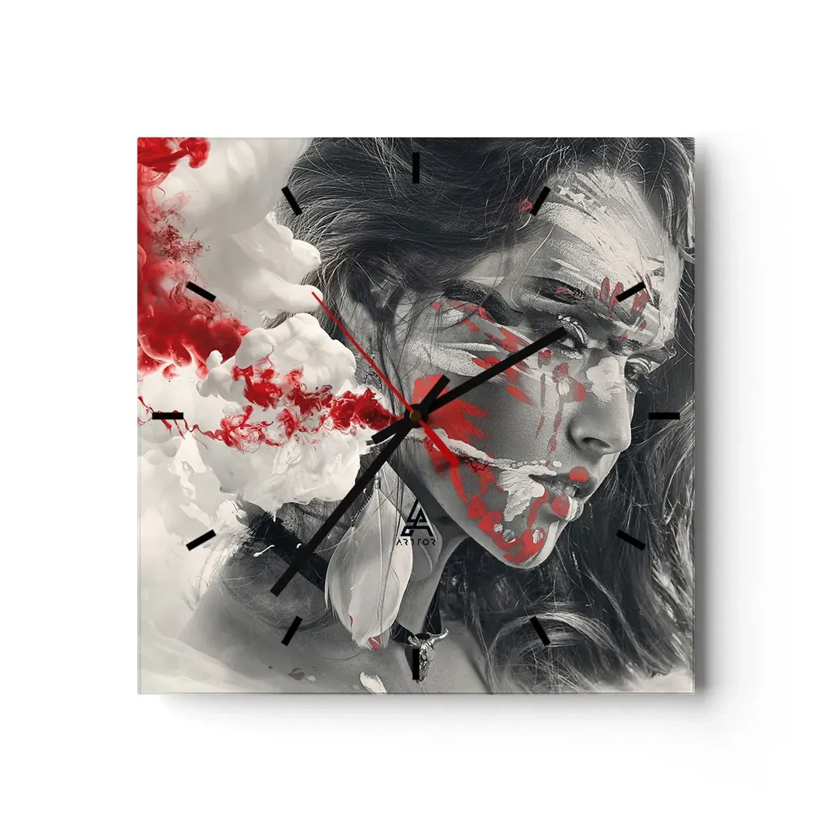 Wanduhr - Glasuhr - Künstlerisches Frauenportrait mit abstrakten roten Akzenten - 30x30cm - Im Dunst der Absurdität - Moderne Wanddekoration für Wohnzimmer und Schlafzimmer ARTTOR