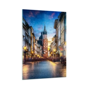 Glasbild - Bild auf glas - Abendlicher Blick auf die Altstadt mit der Kirche im Hintergrund - 50x70cm - Krakauer Charme - Moderne Wanddekoration für Wohnzimmer und Schlafzimmer ARTTOR